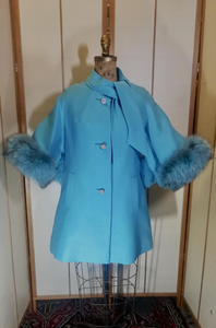 60s Mod Lilli Ann Cape Flare Bell Sleeve Turquoise Dyed Blue Aqua Norwegian Fox Fur Rhinestone Short Dress Coat Made Men Jackie Kennedy