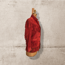 Load image into Gallery viewer, 70’s Red Thick Suede Fringe Coat Cowgirl Cowboy Southwestern Native American Style Boho Hippy