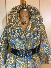 Load image into Gallery viewer, Woman's Vintage Coat-- 60s Blue Tapestry Swing Floral Carpet Brocade Wool Needlepoint Princess Pinup Mod Coat Spring Winter Fall