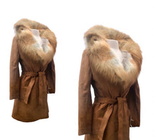 Load image into Gallery viewer, Deadstock Suede and Red Fox Fur Coat 70’s Fit Flare Wrap Style Rust Orangey Brown Color
