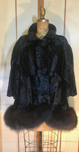 Load image into Gallery viewer, Vintage 60s Coat-- Velvet Genuine Fox Fur Black Swing or Princess Style Faux Persian Lamb Crystal Belt Pinup Mod S/M/L