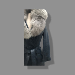 70’s Spy Trench Leather Coat with Removable Shearling Collar Dark Blue