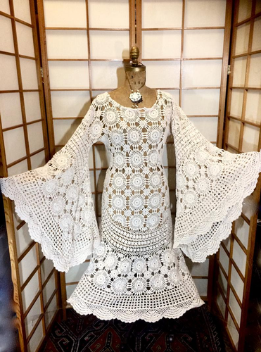 70s Angel Wing Crocheted Dress- Renaissance Festival 1970s Massive Bell Sleeves, Cream, White, Hippy Boho Flower Child Event Wedding M/L/XL