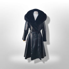 Load image into Gallery viewer, Black Lamb Leather Princess Coat Couture Made in France Massive Shearling Fox Collar