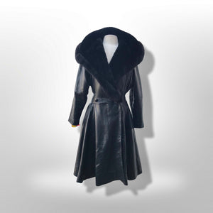 Black Lamb Leather Princess Coat Couture Made in France Massive Shearling Fox Collar