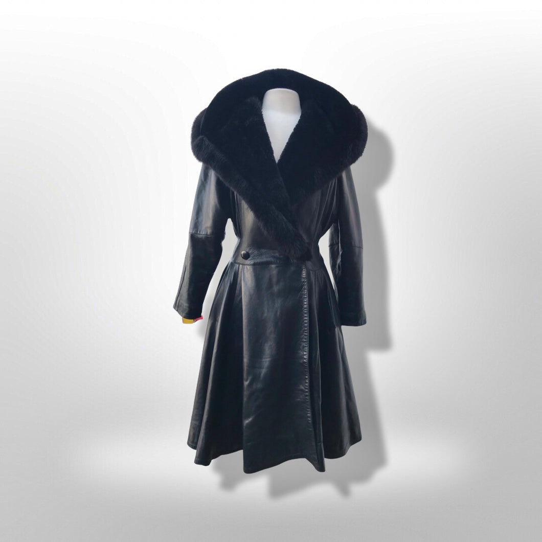 Black Lamb Leather Princess Coat Couture Made in France Massive Shearling Fox Collar