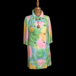 60’s Shift Dress and Coat Set by I. Magnin Pastel Floral Pink Blue Crystal Buttons