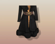 Load image into Gallery viewer, 60’s Black Coat Vintage Lilli Ann Fit and Flare Shearling Pinup Princess Beaded Belt