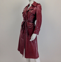 Load image into Gallery viewer, 70s Leather Trench Spy Coat Burgundy Maroon Oxblood Detailed Insulated S/M Sears