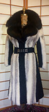 Load image into Gallery viewer, Russian Princess Piano Key Coat! Cross Mink, Fox, and Swakara Astrakhan Lamb Black and White Piano Keys Belted Mod Fur Coat Penny Lane S/M