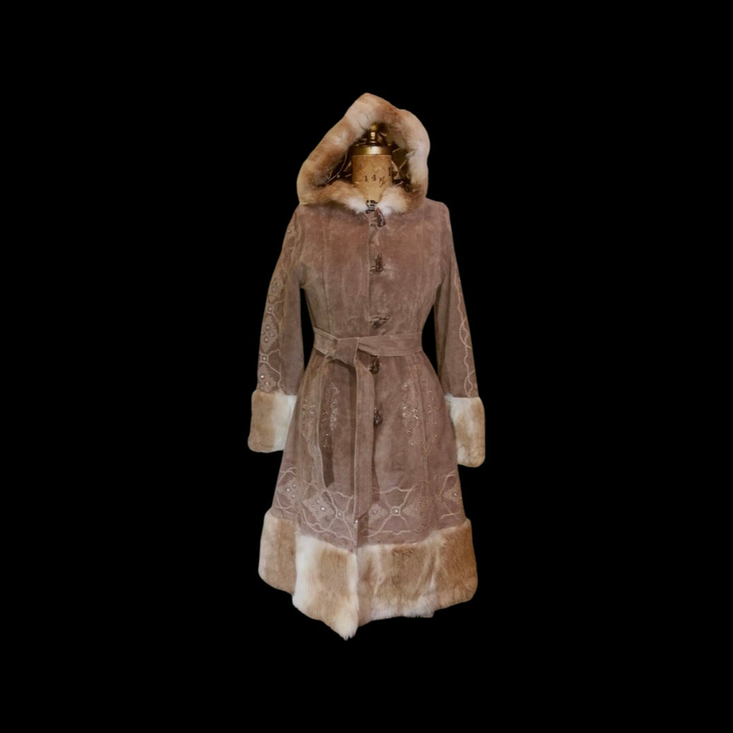 Suede Hooded Embroidered Ombré Fur Trim Penny Lane Coat