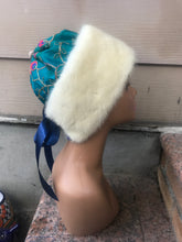 Load image into Gallery viewer, Himalayan Hat with Blonde Mink and Raw Silk Embroidered Peacock Crystal