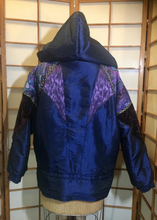 Load image into Gallery viewer, Vintage 80s 90s Glam Street Wear Puffer Purple Patchwork Blue Moon Velvet Tapestry Hooded Coat Irridescent L/XL