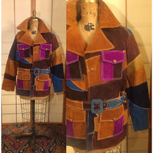 Load image into Gallery viewer, Women's Vintage 70s Patchwork Suede Belted Leather Coat Purse Set Purple Blue Brown Yellow Plus Size Boho