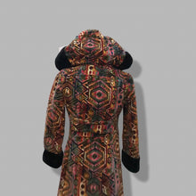 Load image into Gallery viewer, 60’s 70’s Vintage Carpet Coat Needlepoint Hooded Sherpa Trim Fit and Flare