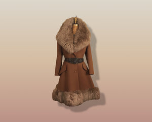 60’s Caramel Lilli Ann Shearling Fit and Flare Princess Coat with Belt Clutch Purse Set Beaded