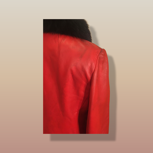 Vintage 70’s 80’s Embroidered Red Leather Coat Black Fox Fur Trim