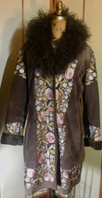 Load image into Gallery viewer, Penny Lane Boho Embroidered Suede Curly Mongolian Lamb Coat Plus Size or Extra Roomy L/XL Almost Famous Pink Floral Flowers Hippy Princess