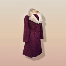 Load image into Gallery viewer, Vintage Wine Maroon Wool Mad Men 60’s Mohair Peacoat with Cross Mink Collar Mod