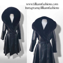 Load image into Gallery viewer, Black Lamb Leather Princess Coat Couture Made in France Massive Shearling Fox Collar