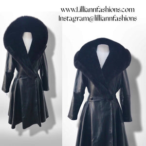 Black Lamb Leather Princess Coat Couture Made in France Massive Shearling Fox Collar