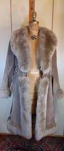Load image into Gallery viewer, Women&#39;s Vintage Coat- 70s Gray Suede Shearling Princess Fluffy Penny Lane Russian Princess Fit and Flare Coat Boho Chic Hippy afghan