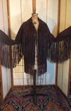 Load image into Gallery viewer, 70s Vintage Coat Jacket with Extra Long Dark Brown Suede Fringe Rare Modern Size Unisex Hendrix Studio 54 Southwestern Native Cowgirl Cowboy