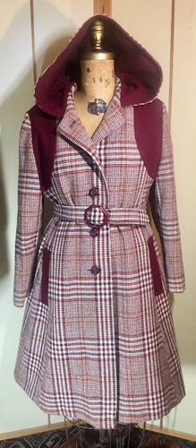 70s Plaid Red Hooded Princess Fit and Flare S/M Wool Coat