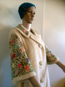 50’s Swing Coat Mohair Embroidered Flowers Floral Cape Sleeve 3/4 Bell Sleeve