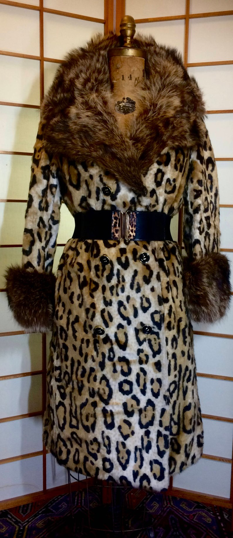 60's Faux Leopard Print Coat Genuine Raccoon Fur Collar Coat Double Breasted Coat Winter S/M/L Swing or Fitted Style