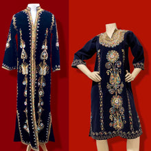 Load image into Gallery viewer, 60s 70s MUSEUM Collectible Vintage Royal Velvet Cleopatra Overcoat and Tunic Set Duster Hand Embroidered Pearls Exotic Persian Fashion History Ottoman Empire