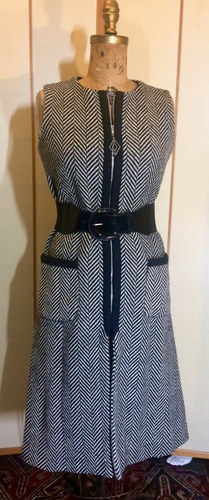 60s Vintage Saks Fifth Ave Black and White Vest Coat/Dress Mod Herringbone Geometric Size S/M