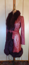 Load image into Gallery viewer, Leather Deep Red Burgundy Shearling Trimmed Princess Coat 70s Penny Lane Almost Famous