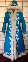 Load image into Gallery viewer, Suede and Shearling Lamb Turquoise Blue and White Embroidered Afghan Coat Almost Famous Hippy Chic Penny Lane S/M Beatles British Invasion!