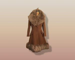 60’s Caramel Lilli Ann Shearling Fit and Flare Princess Coat with Belt Clutch Purse Set Beaded