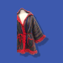 Load image into Gallery viewer, Red Columbian Peruvian Wool Hand Knit vintage Jacket Sweater 70’s Red Stripe Blanket Sweater