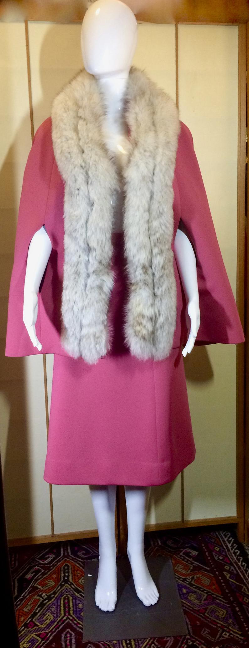 Lilli Ann Pink Cape Skirt Set/ Norwegian Fox Fur S/M Mod 60s