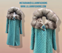 Load image into Gallery viewer, Vintage 60’s Sky Blue Coat Wool Boucle Swing with Luxury Fox Fur Massive Collar Flexible one size fits all