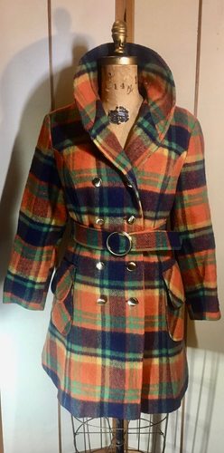 70s Plaid Orange Purple Coat Wool Belted Princess Double Breasted S/M