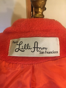 60s Vintage Orange Lilli Ann Coat Removable Fox Fur Collar Mohair Wool Double Breasted Princess Pinup mad men