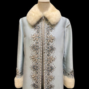 60’s “Jackie Kennedy Style” Full length Opera Gown Coat in Light Blue Hand Beaded Crystal and Ermine Mink Trim