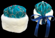 Load image into Gallery viewer, Himalayan Hat with Blonde Mink and Raw Silk Embroidered Peacock Crystal