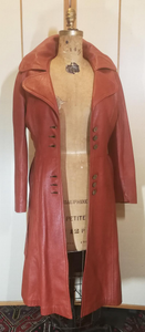 Rust Orange Cognac Color Soft Kid Leather Princess Fit and Flare Trench Spy Coat Wide Collar Classic 70s Small Petite