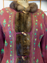 Load image into Gallery viewer, Vtg 70s Red Suede Coat Embroidered Mink Afghan Turkish Coat Carpet Tapestry Wooden Toggle 3/4 Length S/M/L Penny Lane Almost Famous Hippy