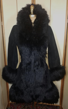 Load image into Gallery viewer, Lilli Ann London 70s Black Suede Shearling Lamb Almost Famous Fit and Flare Russian Princess Petite Penny Lane Coat Small