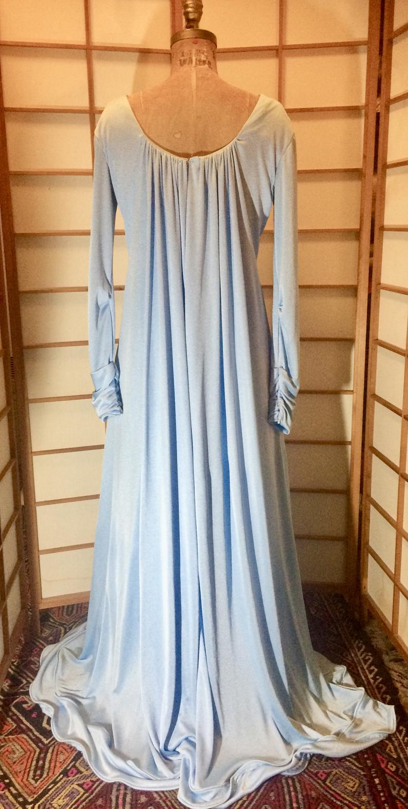 70s Grecian Greek Goddess Dress --Powder Blue Empire Waist Silky Slinky Extra Long Dress L/XL Wedding Dress 70s Grecian Greek Goddess Dress --Powder Blue Empire Waist Silky Slinky Extra Long Dress L/XL Wedding Dress
