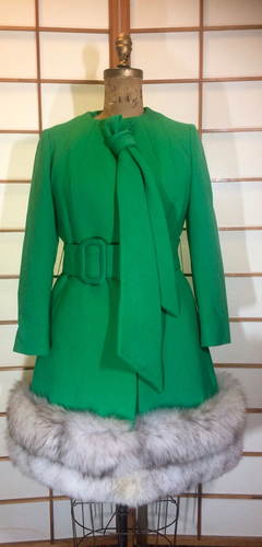 60s Lilli Ann Green Dress Coat Wool and Fox Fur Trim Mad Men St. Patrick's Day S Keyhole Hole Dress