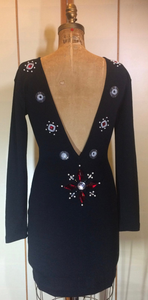 80s Glam Sweater Rhinestone Mini Dress DEADSTOCK Top Low Back Stretch Black and Red S/M