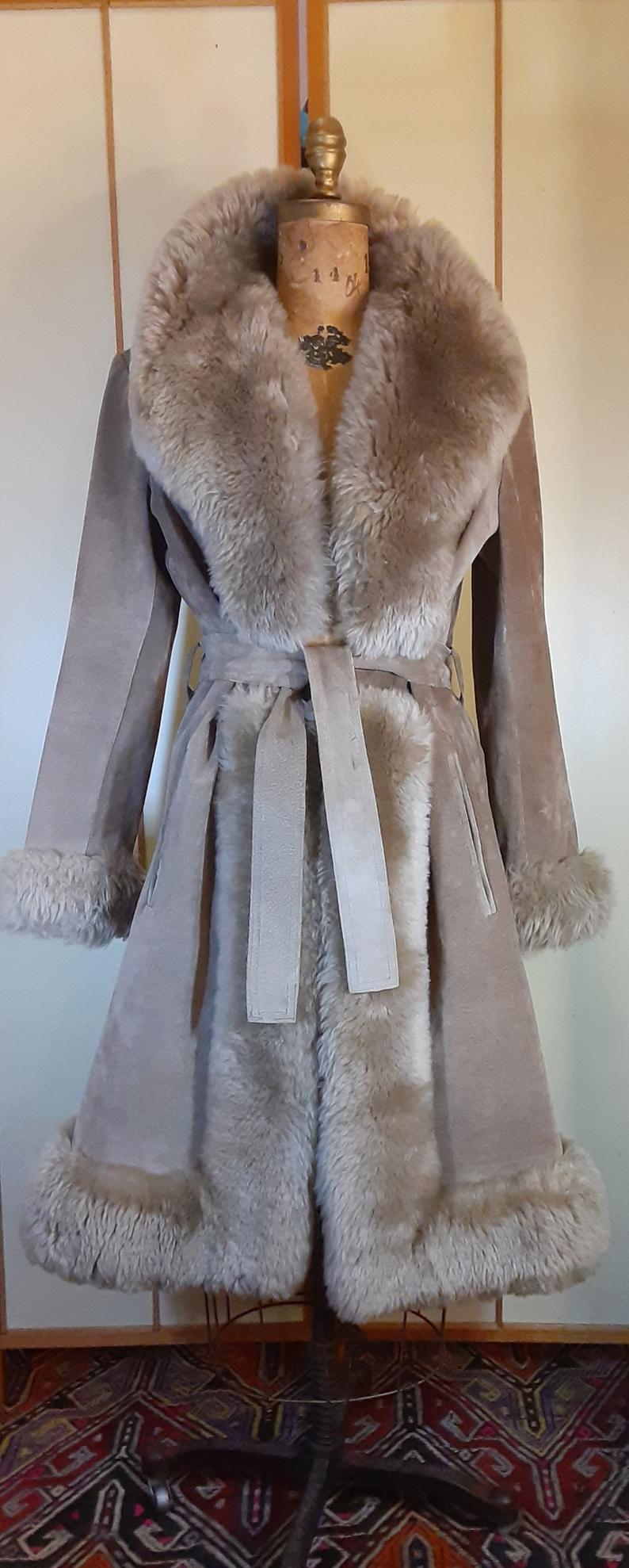 Women's Vintage Coat- 70s Gray Suede Shearling Princess Fluffy Penny Lane Russian Princess Fit and Flare Coat Boho Chic Hippy afghan