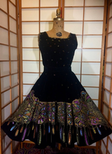 Load image into Gallery viewer, Vintage 1950s 50's Full Skirt Velvet Hand Painted Two Piece Set Sequined Fit and Flare Novelty Print Fancy Medium Large Mexican Skirt